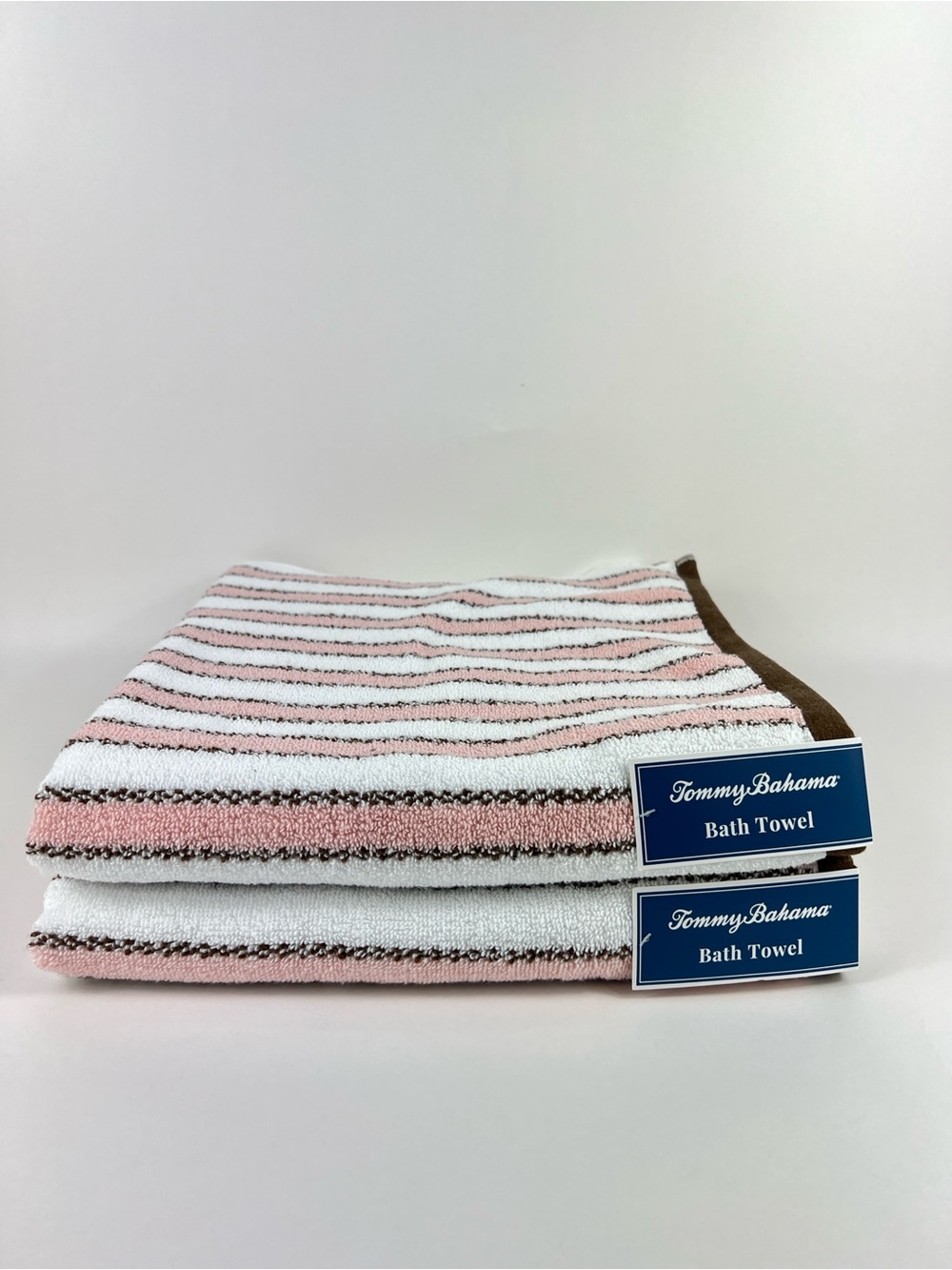 Tommy Bahama Bathroom Towel Set Pink Brown White Ticking Stripe Cotton 2 Pc NEW
